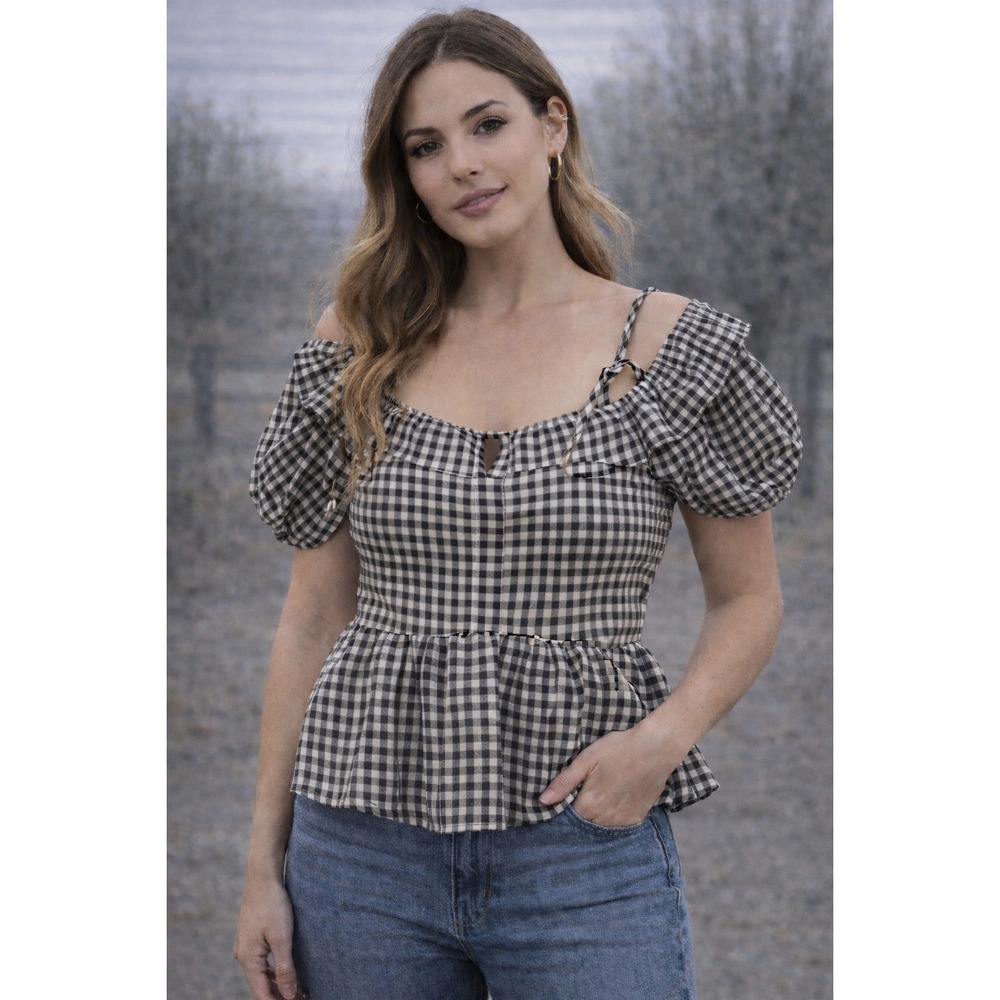 &MERCI Gingham Peplum Top Puff Sleeve Cottagecore Boho‎ Size S